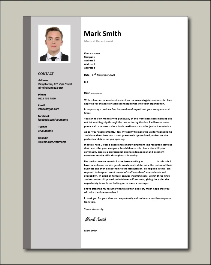 Medical Receptionist Cover letter