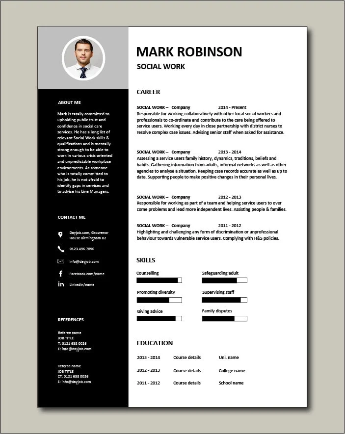 Social Work CV template 3 - 1 page