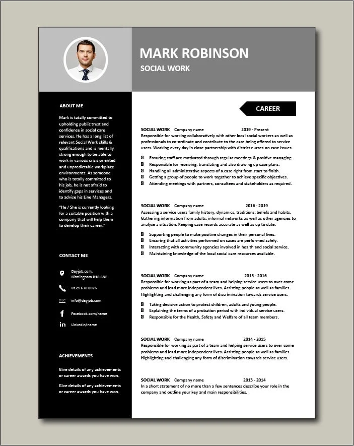 Social Work CV template 3 - 2 pages
