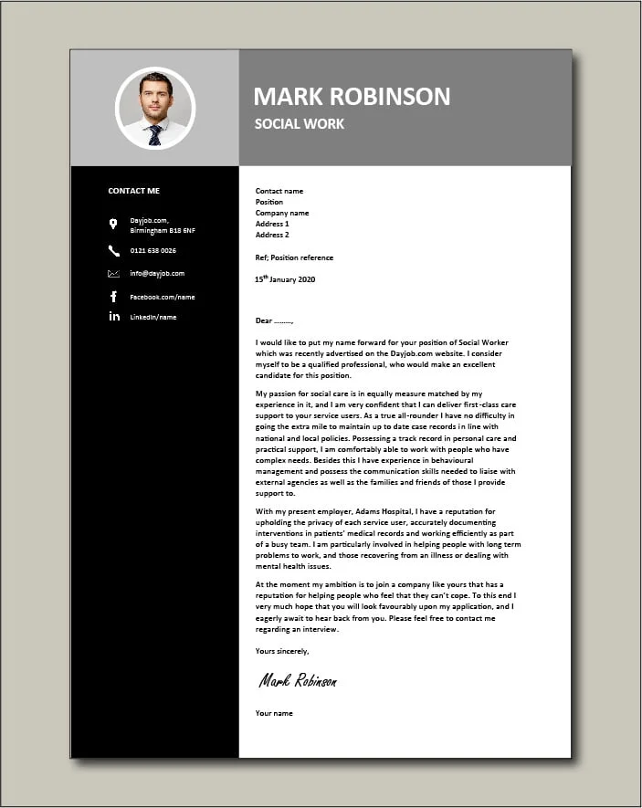 Social Work CV template 3 - Cover letter