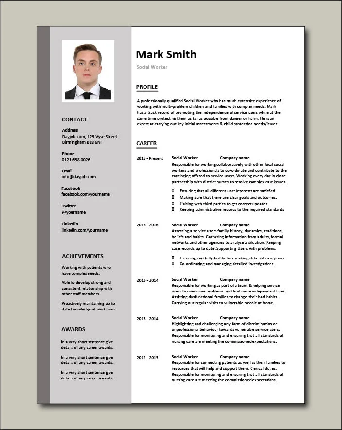 Social Worker resume - 2 page