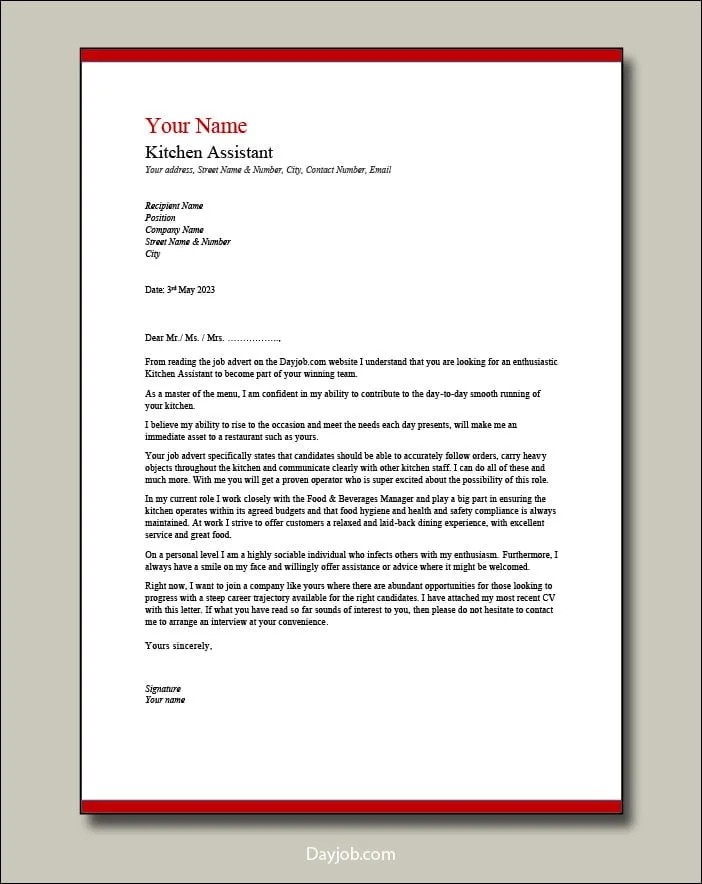 Kitchen Assistant cover letter template