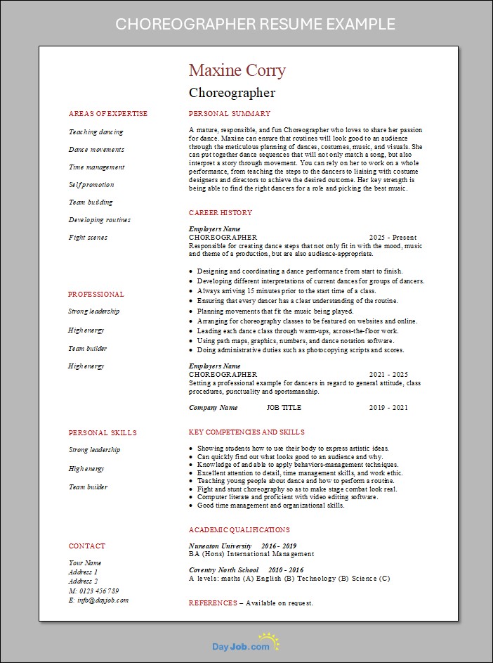 Choreographer resume template