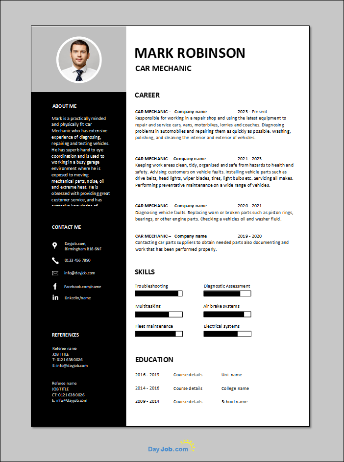 Free Car Mechanic resume template 2