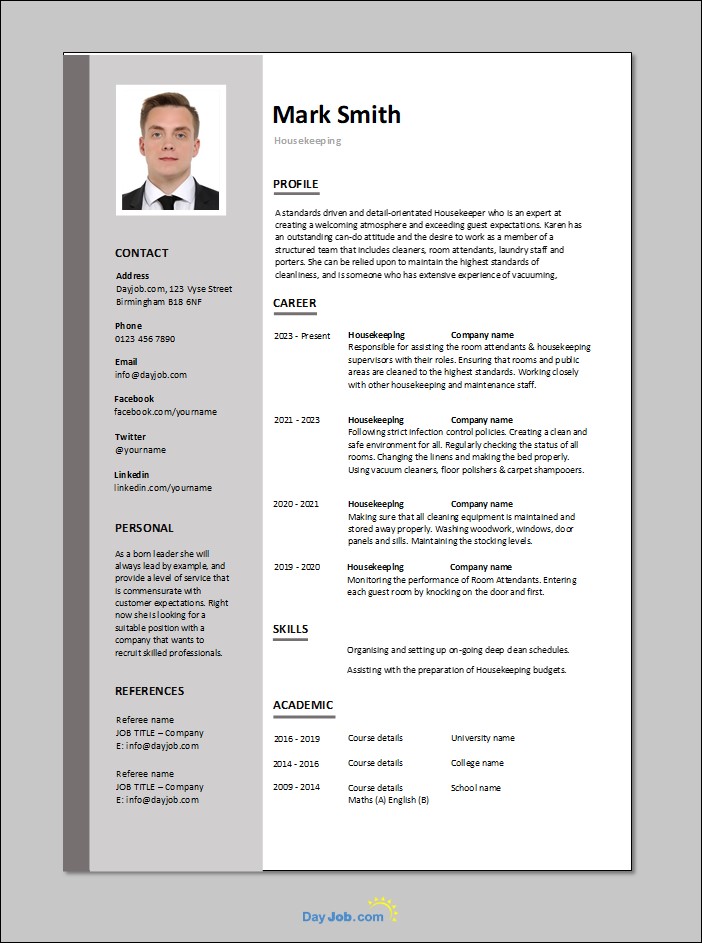 Housekeeping resume template 1