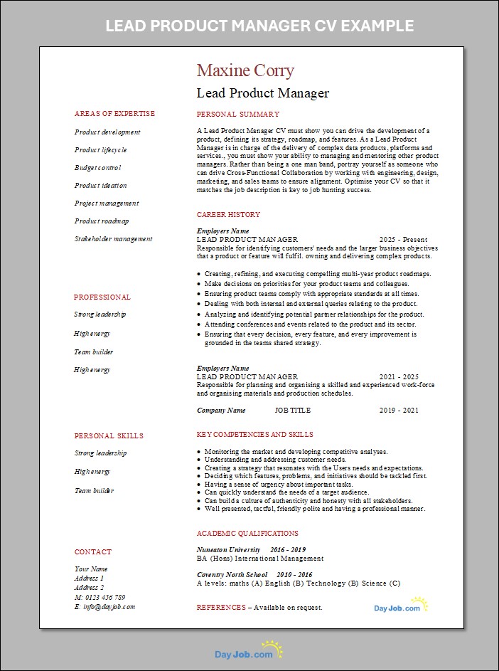 Lead Product Manager CV template