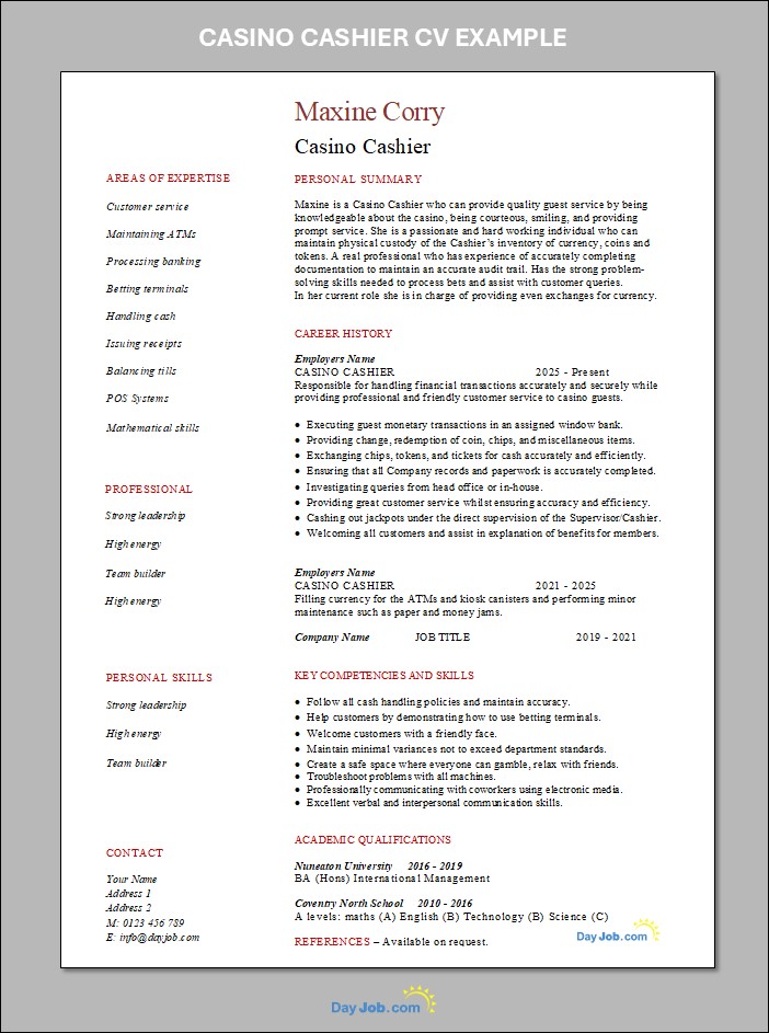 Casino Cashier CV template