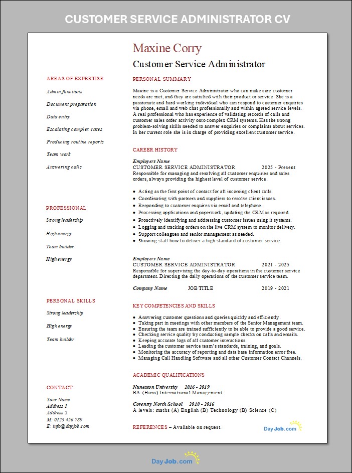 Customer Service Administrator CV template