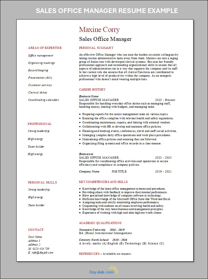 Sales Office manager resume template
